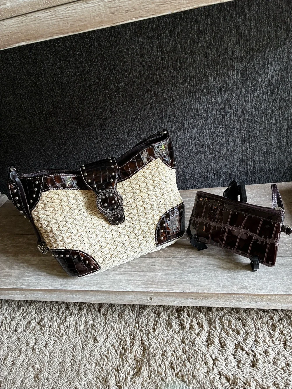 Vintage Brighton Woven Tan Straw Shoulder Bag With Paten Leather Croc Embossed